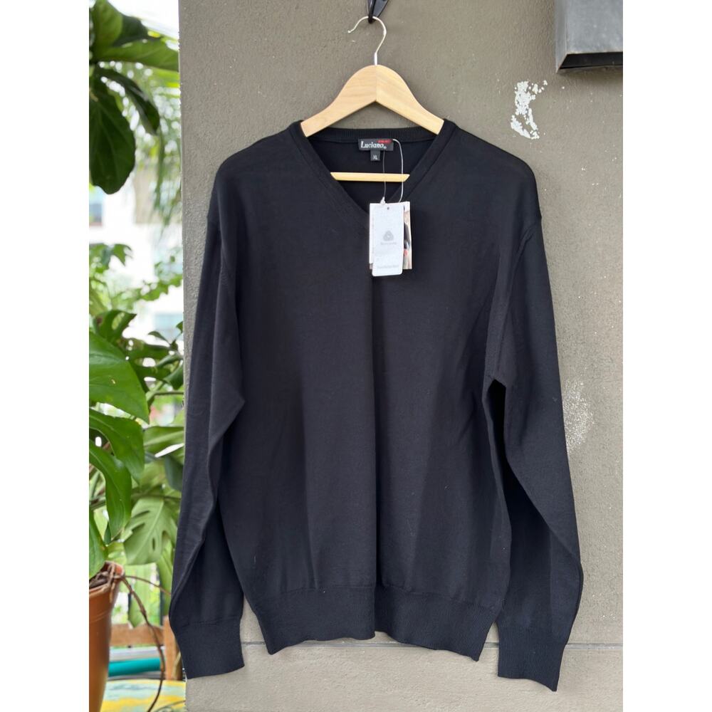 NWT Luciano Men’s XL 100% Pure Merino Wool Navy Blue V-Neck Pullover Sweater